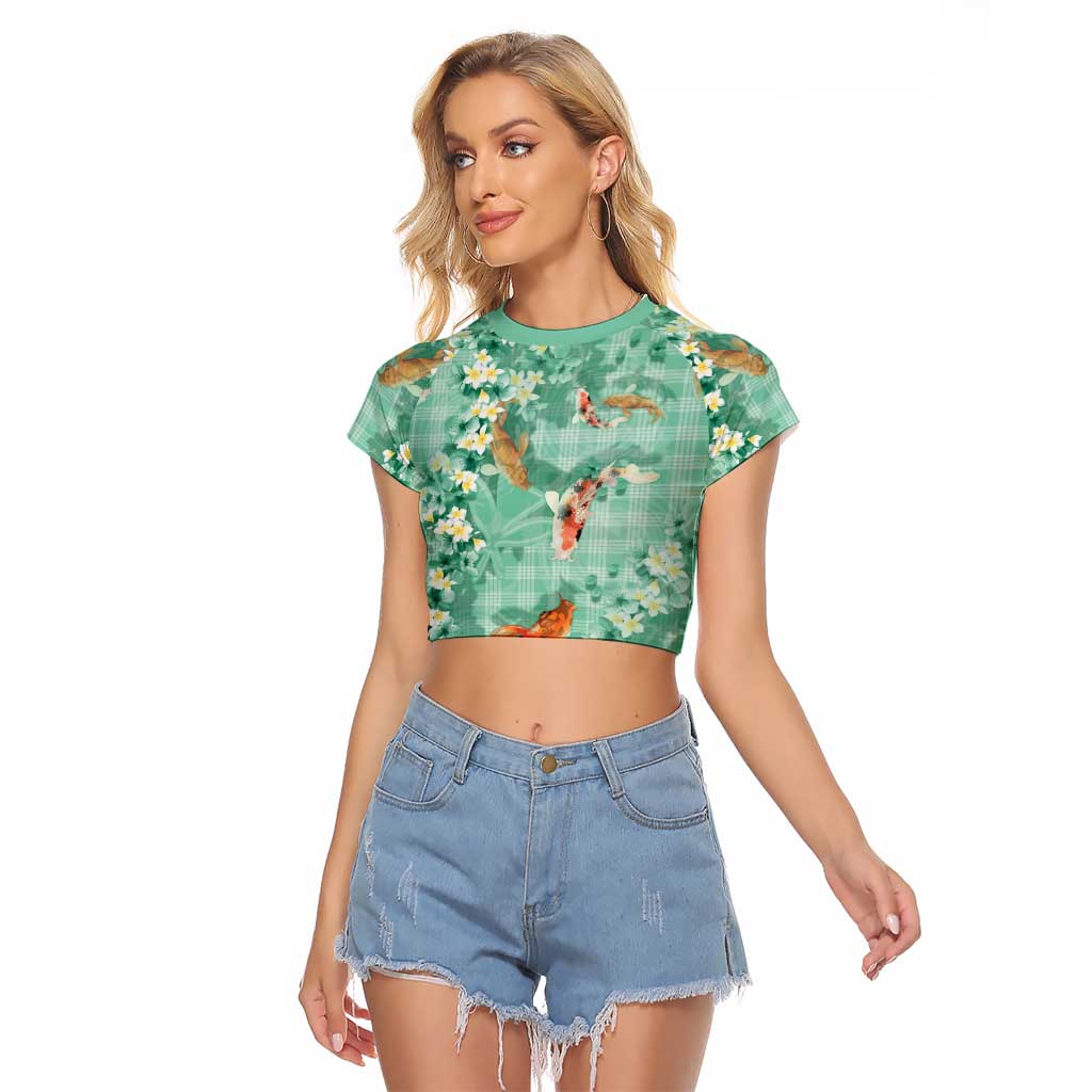 Green Palaka Hawaiian And Japanese Raglan Cropped T Shirt Sakura Lei With Koi Fish DT05 Female Green - Polynesian Pride