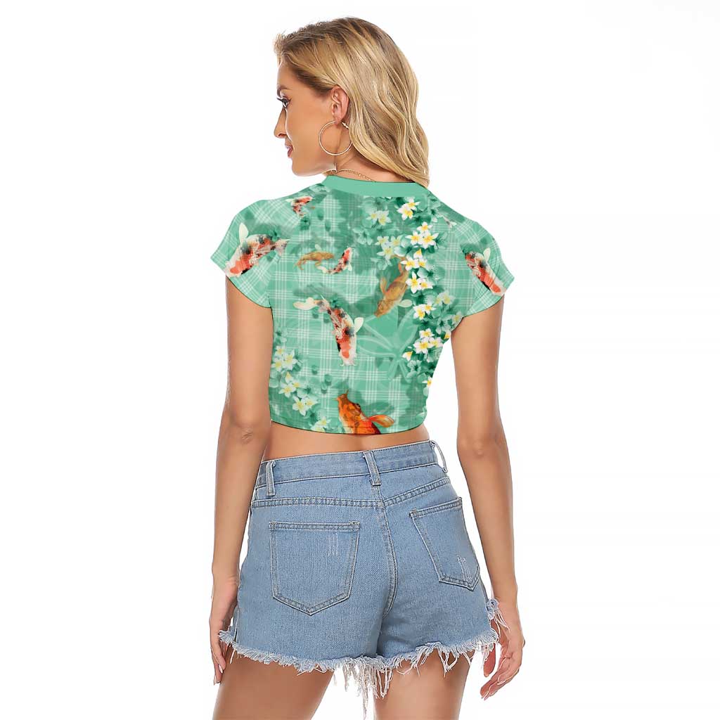Green Palaka Hawaiian And Japanese Raglan Cropped T Shirt Sakura Lei With Koi Fish DT05 - Polynesian Pride