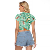 Green Palaka Hawaiian And Japanese Raglan Cropped T Shirt Sakura Lei With Koi Fish DT05 - Polynesian Pride