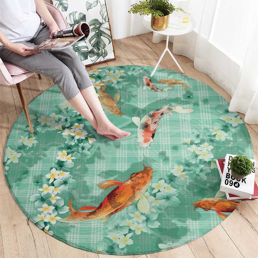 Green Palaka Hawaiian And Japanese Round Carpet Sakura Lei With Koi Fish - Polynesian Pride