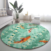 Green Palaka Hawaiian And Japanese Round Carpet Sakura Lei With Koi Fish - Polynesian Pride