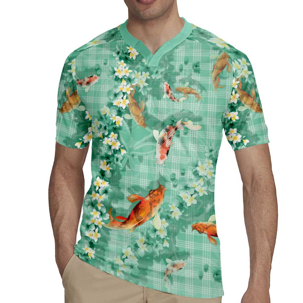 Green Palaka Hawaiian And Japanese Rugby Jersey Sakura Lei With Koi Fish DT05 - Polynesian Pride