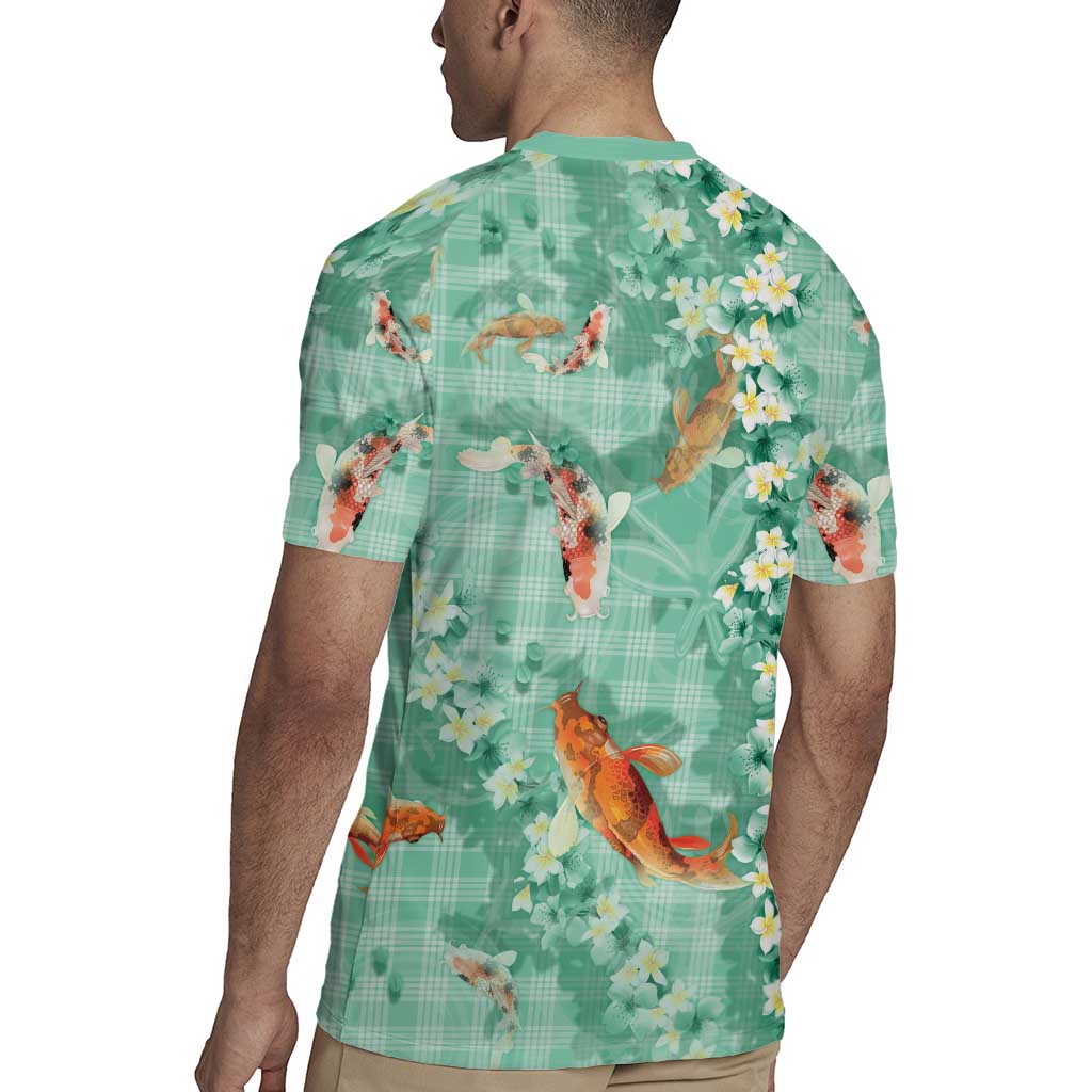 Green Palaka Hawaiian And Japanese Rugby Jersey Sakura Lei With Koi Fish DT05 - Polynesian Pride