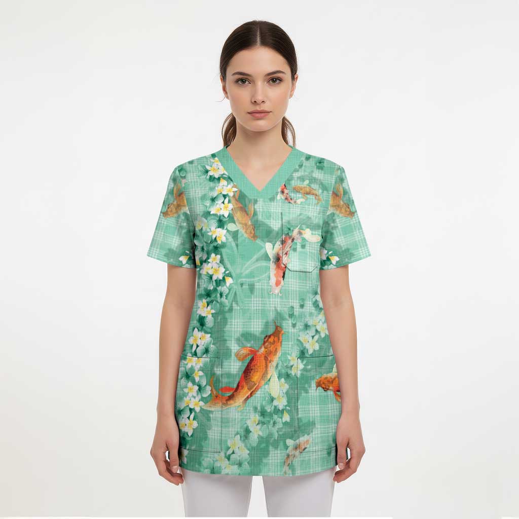 Green Palaka Hawaiian And Japanese Scrub Top Sakura Lei With Koi Fish DT05 - Polynesian Pride