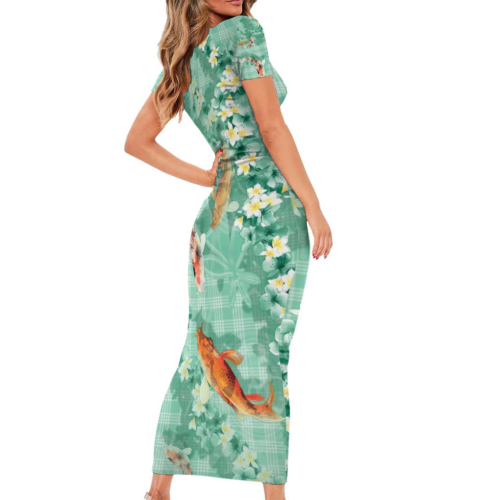 Green Palaka Hawaiian And Japanese Short Sleeve Bodycon Dress Sakura Lei With Koi Fish - Polynesian Pride