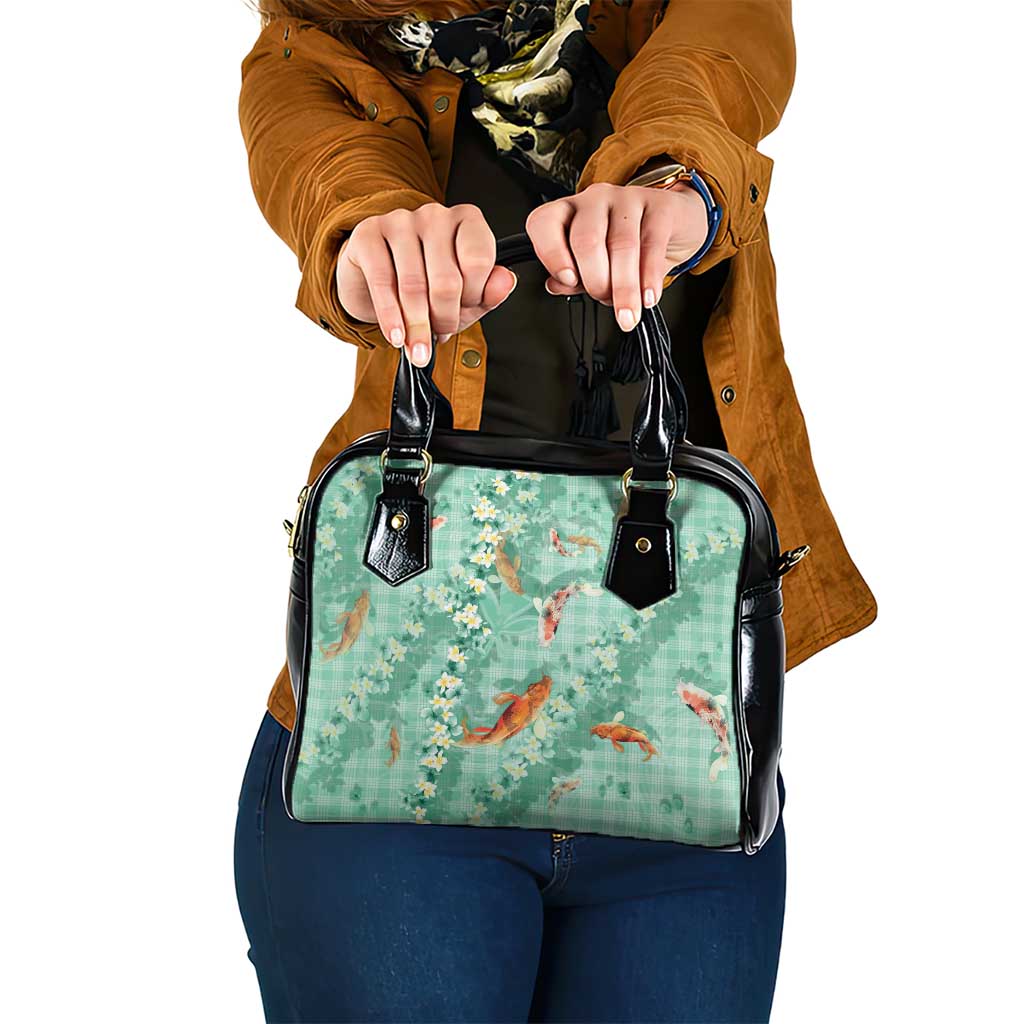Green Palaka Hawaiian And Japanese Shoulder Handbag Sakura Lei With Koi Fish DT05 One Size Green - Polynesian Pride