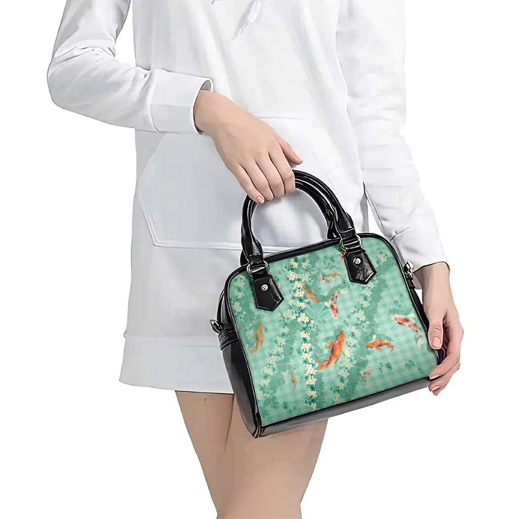 Green Palaka Hawaiian And Japanese Shoulder Handbag Sakura Lei With Koi Fish DT05 - Polynesian Pride