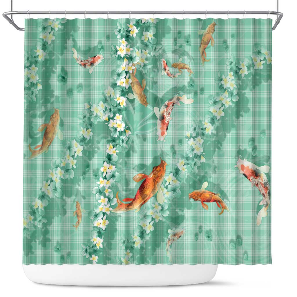 Green Palaka Hawaiian And Japanese Shower Curtain Sakura Lei With Koi Fish - Polynesian Pride