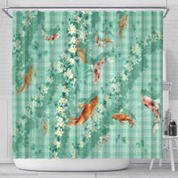 Green Palaka Hawaiian And Japanese Shower Curtain Sakura Lei With Koi Fish - Polynesian Pride