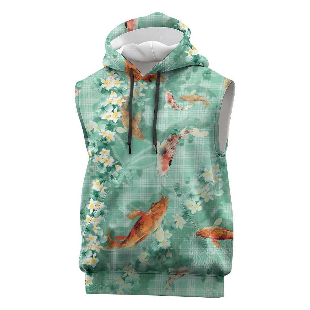 Green Palaka Hawaiian And Japanese Sleeveless Hoodie Sakura Lei With Koi Fish DT05 Green - Polynesian Pride