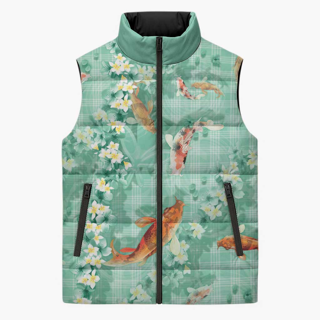 Green Palaka Hawaiian And Japanese Sleeveless Puffer Jacket Sakura Lei With Koi Fish DT05 Unisex Green - Polynesian Pride