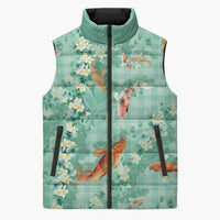 Green Palaka Hawaiian And Japanese Sleeveless Puffer Jacket Sakura Lei With Koi Fish DT05 Unisex Green - Polynesian Pride