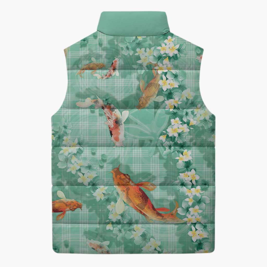 Green Palaka Hawaiian And Japanese Sleeveless Puffer Jacket Sakura Lei With Koi Fish DT05 - Polynesian Pride
