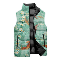 Green Palaka Hawaiian And Japanese Sleeveless Puffer Jacket Sakura Lei With Koi Fish DT05 - Polynesian Pride