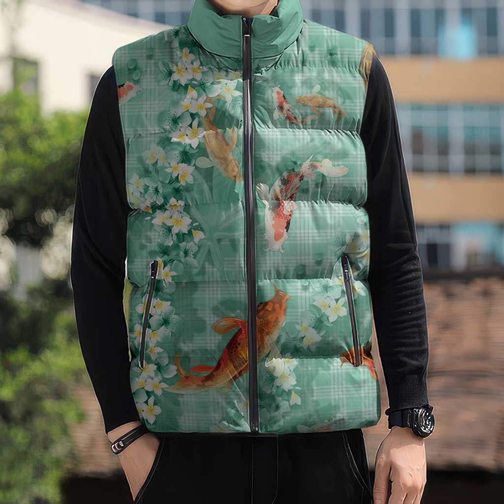Green Palaka Hawaiian And Japanese Sleeveless Puffer Jacket Sakura Lei With Koi Fish DT05 - Polynesian Pride