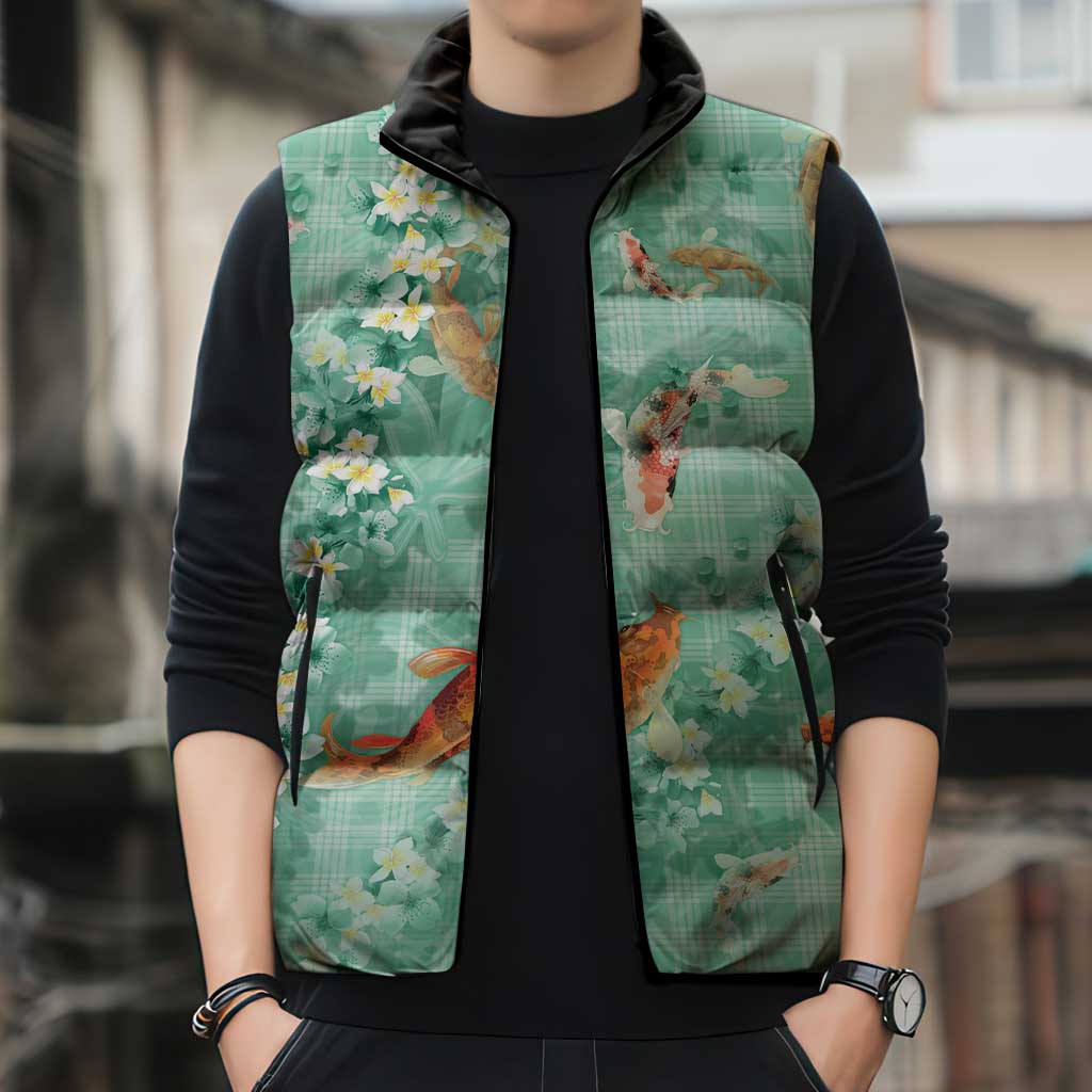 Green Palaka Hawaiian And Japanese Sleeveless Puffer Jacket Sakura Lei With Koi Fish DT05 - Polynesian Pride