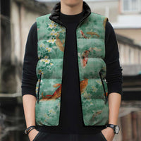 Green Palaka Hawaiian And Japanese Sleeveless Puffer Jacket Sakura Lei With Koi Fish DT05 - Polynesian Pride