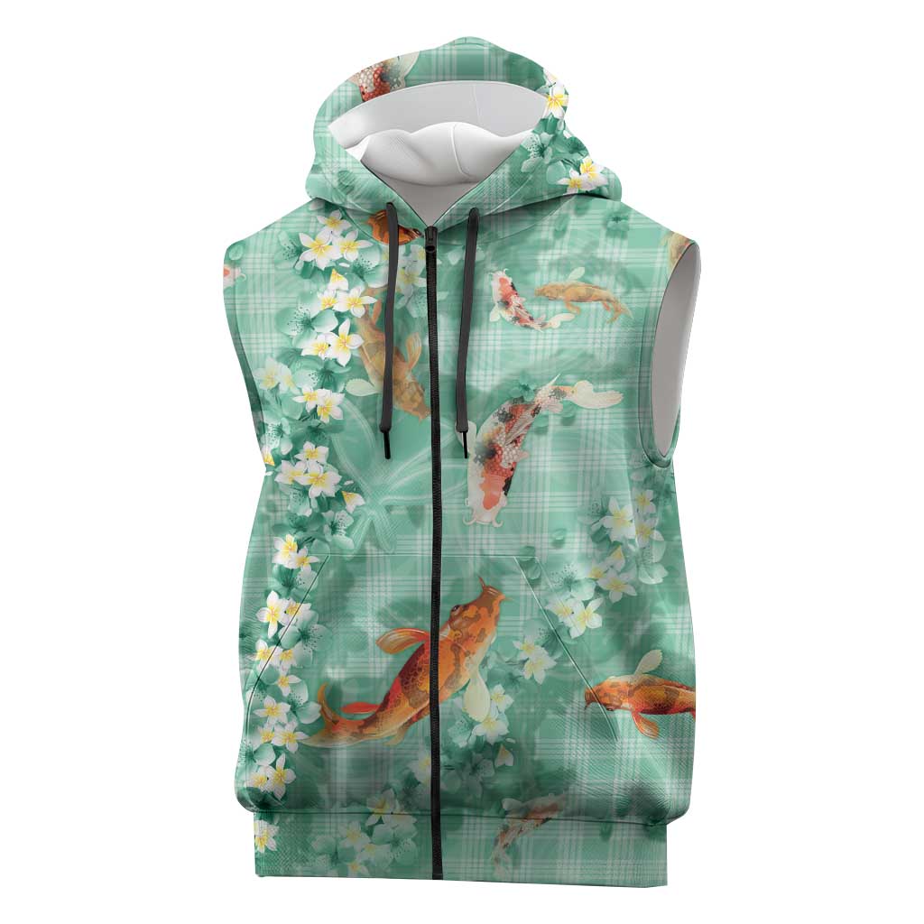 Green Palaka Hawaiian And Japanese Sleeveless Zip Hoodie Sakura Lei With Koi Fish DT05 Green - Polynesian Pride