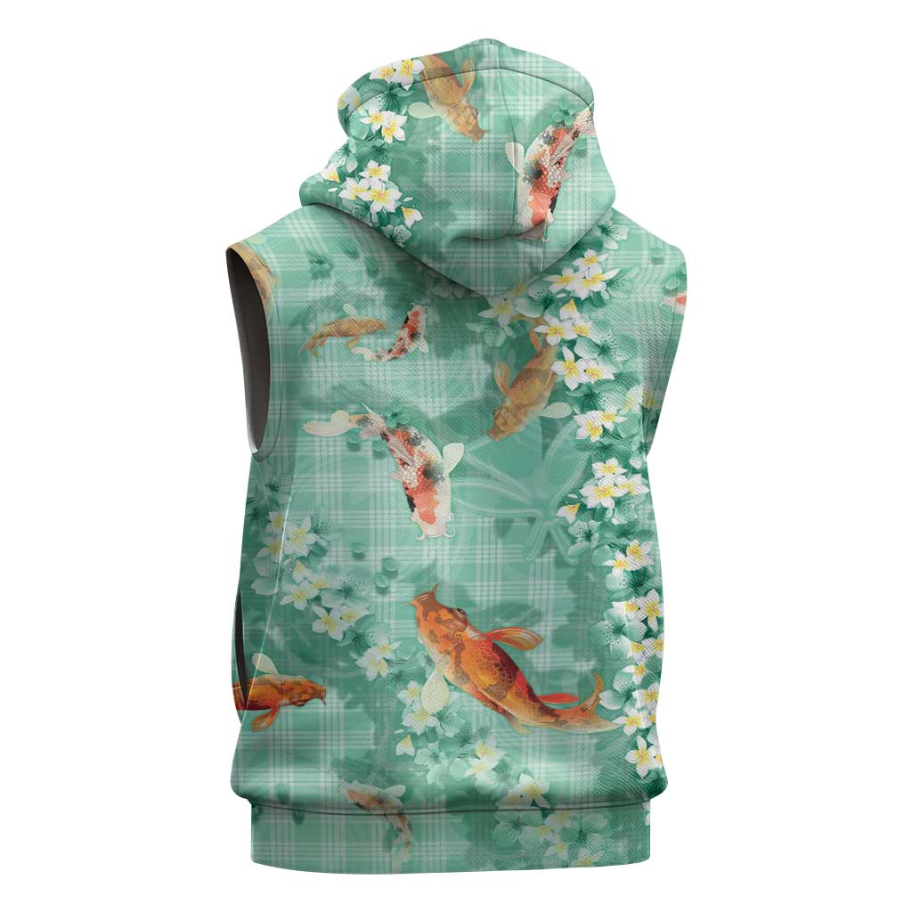 Green Palaka Hawaiian And Japanese Sleeveless Zip Hoodie Sakura Lei With Koi Fish DT05 - Polynesian Pride