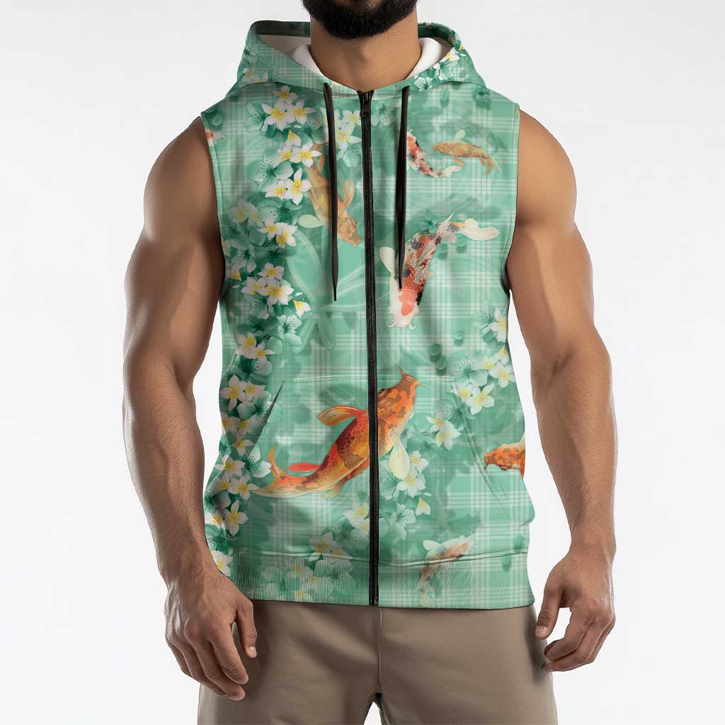 Green Palaka Hawaiian And Japanese Sleeveless Zip Hoodie Sakura Lei With Koi Fish DT05 - Polynesian Pride