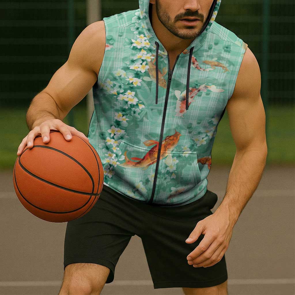 Green Palaka Hawaiian And Japanese Sleeveless Zip Hoodie Sakura Lei With Koi Fish DT05 - Polynesian Pride