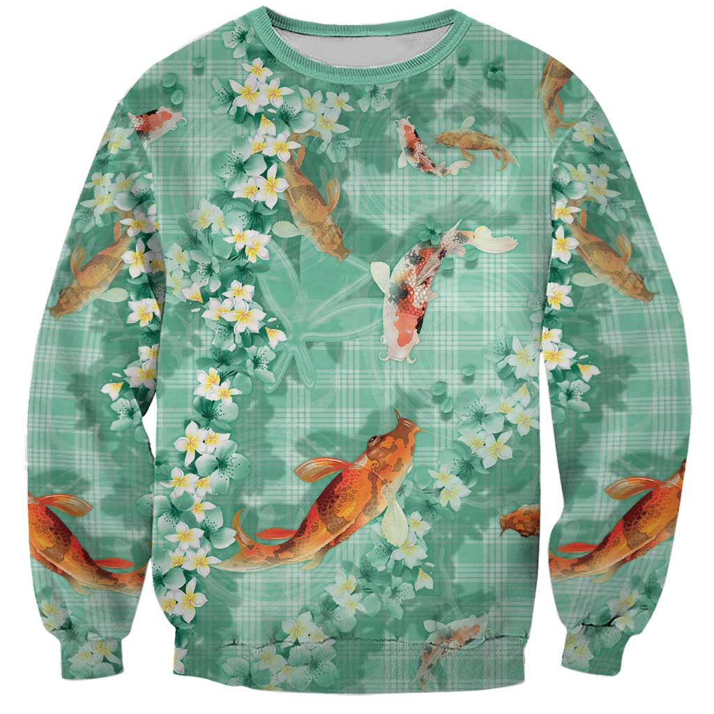 Green Palaka Hawaiian And Japanese Sweatshirt Sakura Lei With Koi Fish DT05 Unisex Green - Polynesian Pride