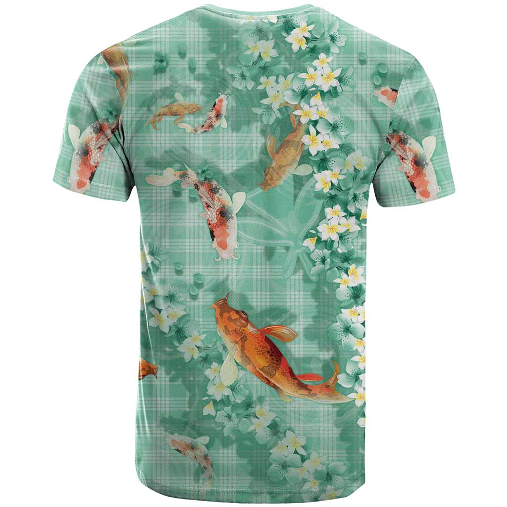 Green Palaka Hawaiian And Japanese T Shirt Sakura Lei With Koi Fish - Polynesian Pride