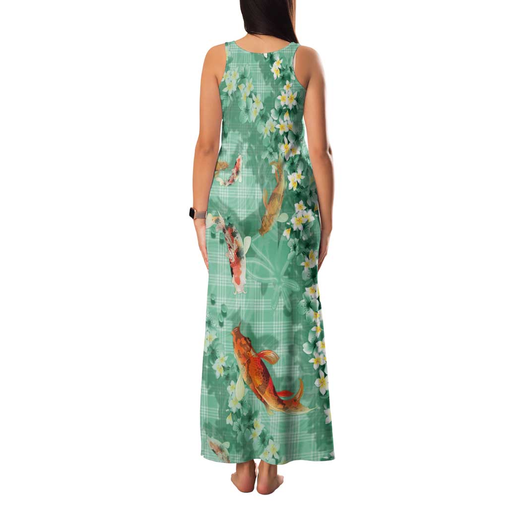Green Palaka Hawaiian And Japanese Tank Maxi Dress Sakura Lei With Koi Fish - Polynesian Pride