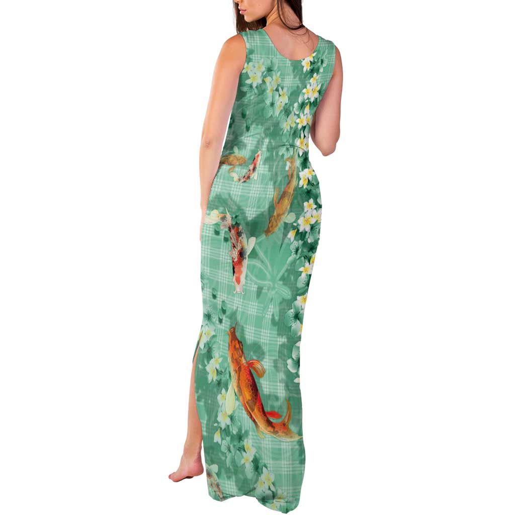 Green Palaka Hawaiian And Japanese Tank Maxi Dress Sakura Lei With Koi Fish - Polynesian Pride