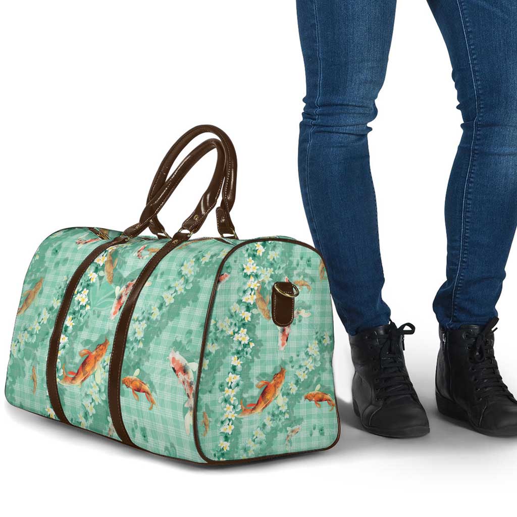 Green Palaka Hawaiian And Japanese Travel Bag Sakura Lei With Koi Fish - Polynesian Pride