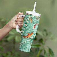 Green Palaka Hawaiian And Japanese Tumbler With Handle Sakura Lei With Koi Fish - Polynesian Pride