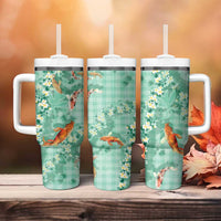 Green Palaka Hawaiian And Japanese Tumbler With Handle Sakura Lei With Koi Fish - Polynesian Pride