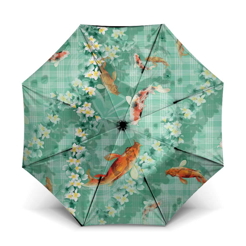 Green Palaka Hawaiian And Japanese Umbrella Sakura Lei With Koi Fish DT05 One Size Folded 11.42 inch Opened Diameter 37.4 inch Green - Polynesian Pride