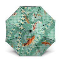 Green Palaka Hawaiian And Japanese Umbrella Sakura Lei With Koi Fish DT05 One Size Folded 11.42 inch Opened Diameter 37.4 inch Green - Polynesian Pride