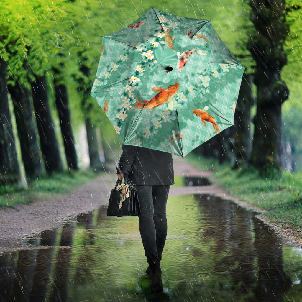 Green Palaka Hawaiian And Japanese Umbrella Sakura Lei With Koi Fish DT05 - Polynesian Pride