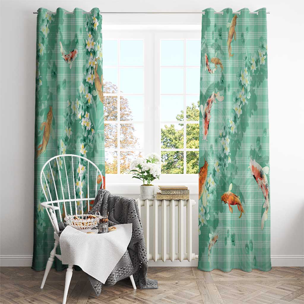 Green Palaka Hawaiian And Japanese Window Curtain Sakura Lei With Koi Fish - Polynesian Pride