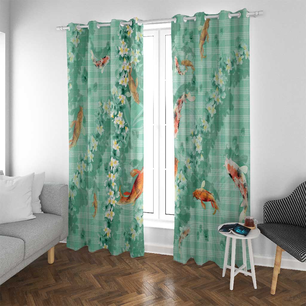 Green Palaka Hawaiian And Japanese Window Curtain Sakura Lei With Koi Fish - Polynesian Pride