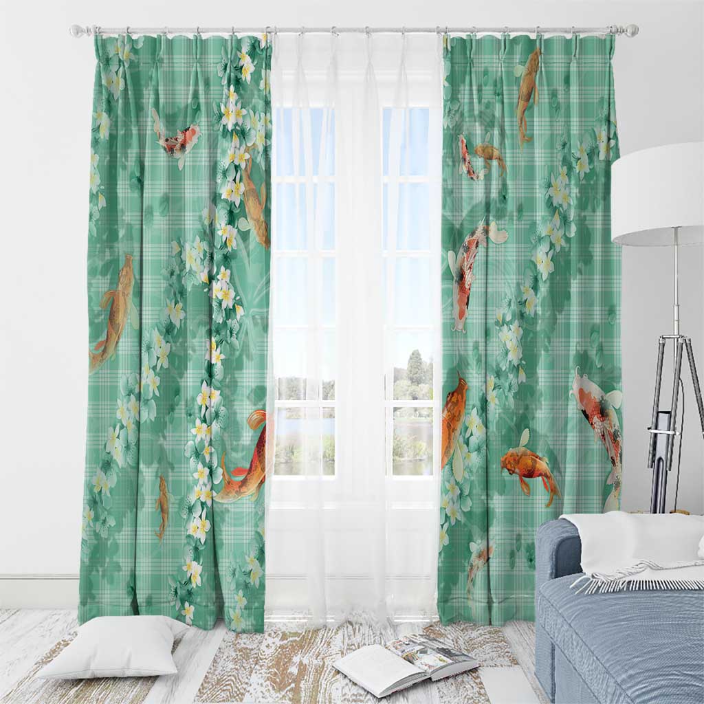 Green Palaka Hawaiian And Japanese Window Curtain Sakura Lei With Koi Fish - Polynesian Pride
