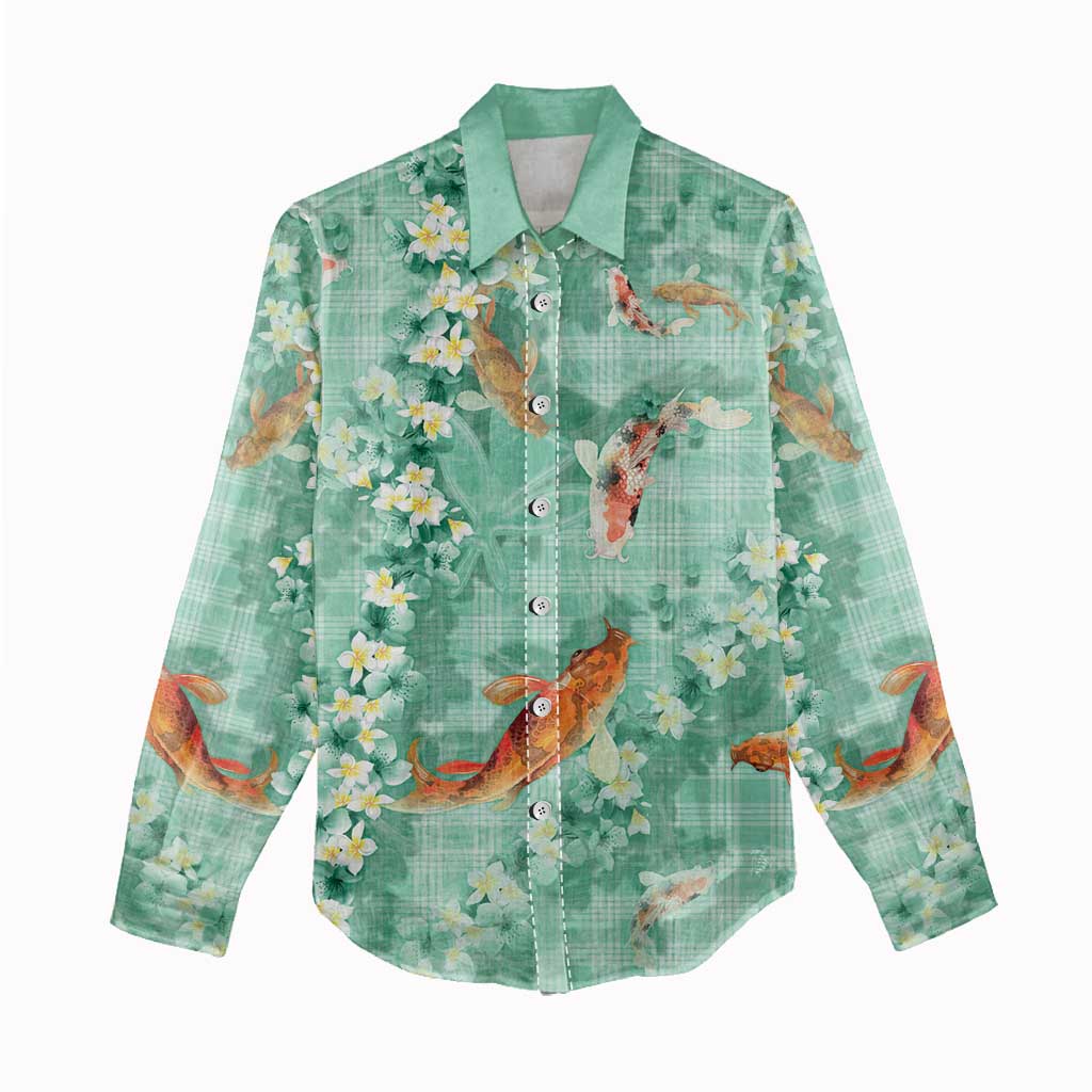 Green Palaka Hawaiian And Japanese Women Casual Shirt Sakura Lei With Koi Fish - Polynesian Pride