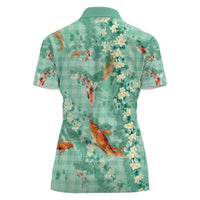 Green Palaka Hawaiian And Japanese Women Polo Shirt Sakura Lei With Koi Fish - Polynesian Pride