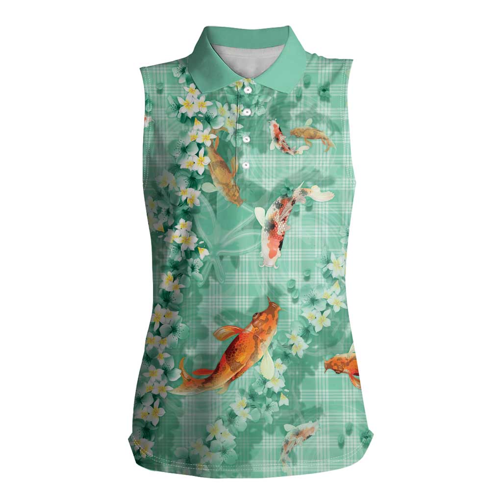 Green Palaka Hawaiian And Japanese Women Sleeveless Polo Shirt Sakura Lei With Koi Fish DT05 Female Green - Polynesian Pride