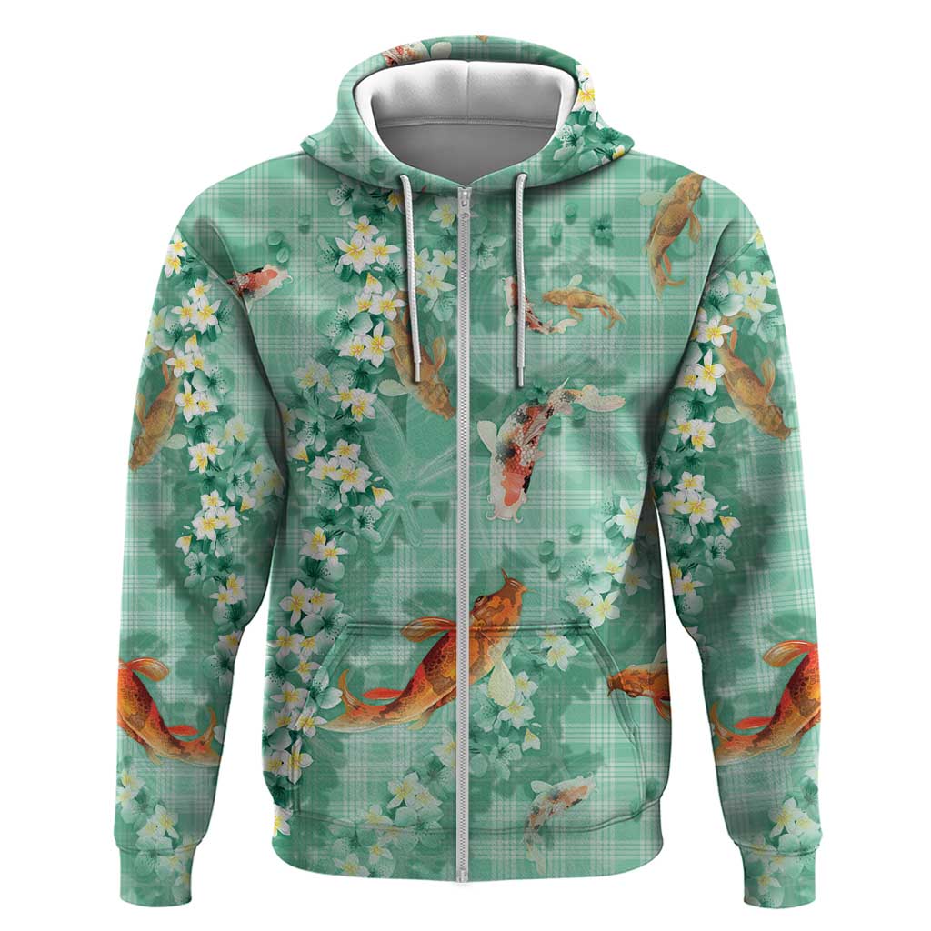 Green Palaka Hawaiian And Japanese Zip Hoodie Sakura Lei With Koi Fish DT05 Zip Hoodie Green - Polynesian Pride
