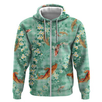 Green Palaka Hawaiian And Japanese Zip Hoodie Sakura Lei With Koi Fish DT05 Zip Hoodie Green - Polynesian Pride