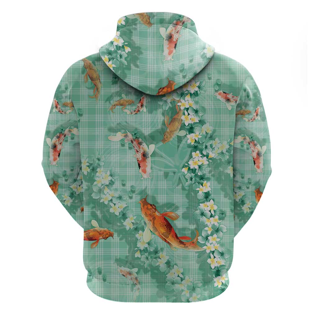 Green Palaka Hawaiian And Japanese Zip Hoodie Sakura Lei With Koi Fish DT05 - Polynesian Pride