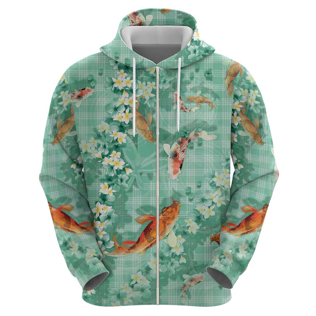 Green Palaka Hawaiian And Japanese Zip Hoodie Sakura Lei With Koi Fish DT05 - Polynesian Pride
