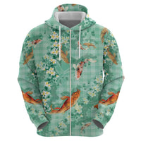 Green Palaka Hawaiian And Japanese Zip Hoodie Sakura Lei With Koi Fish DT05 - Polynesian Pride
