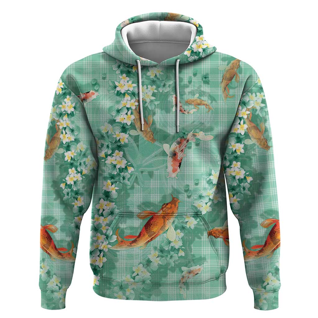 Green Palaka Hawaiian And Japanese Zip Hoodie Sakura Lei With Koi Fish DT05 Pullover Hoodie Green - Polynesian Pride