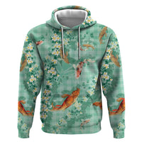 Green Palaka Hawaiian And Japanese Zip Hoodie Sakura Lei With Koi Fish DT05 Pullover Hoodie Green - Polynesian Pride