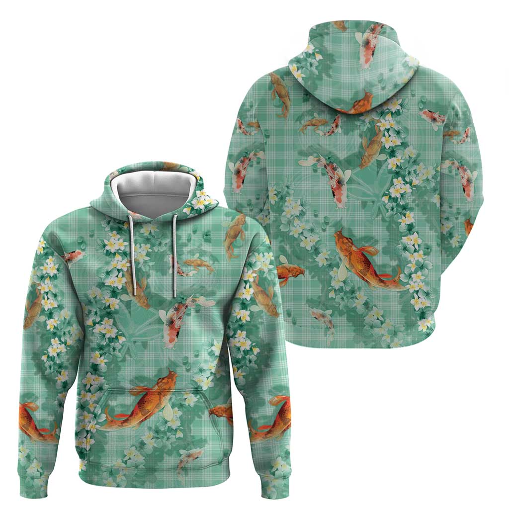 Green Palaka Hawaiian And Japanese Zip Hoodie Sakura Lei With Koi Fish DT05 - Polynesian Pride