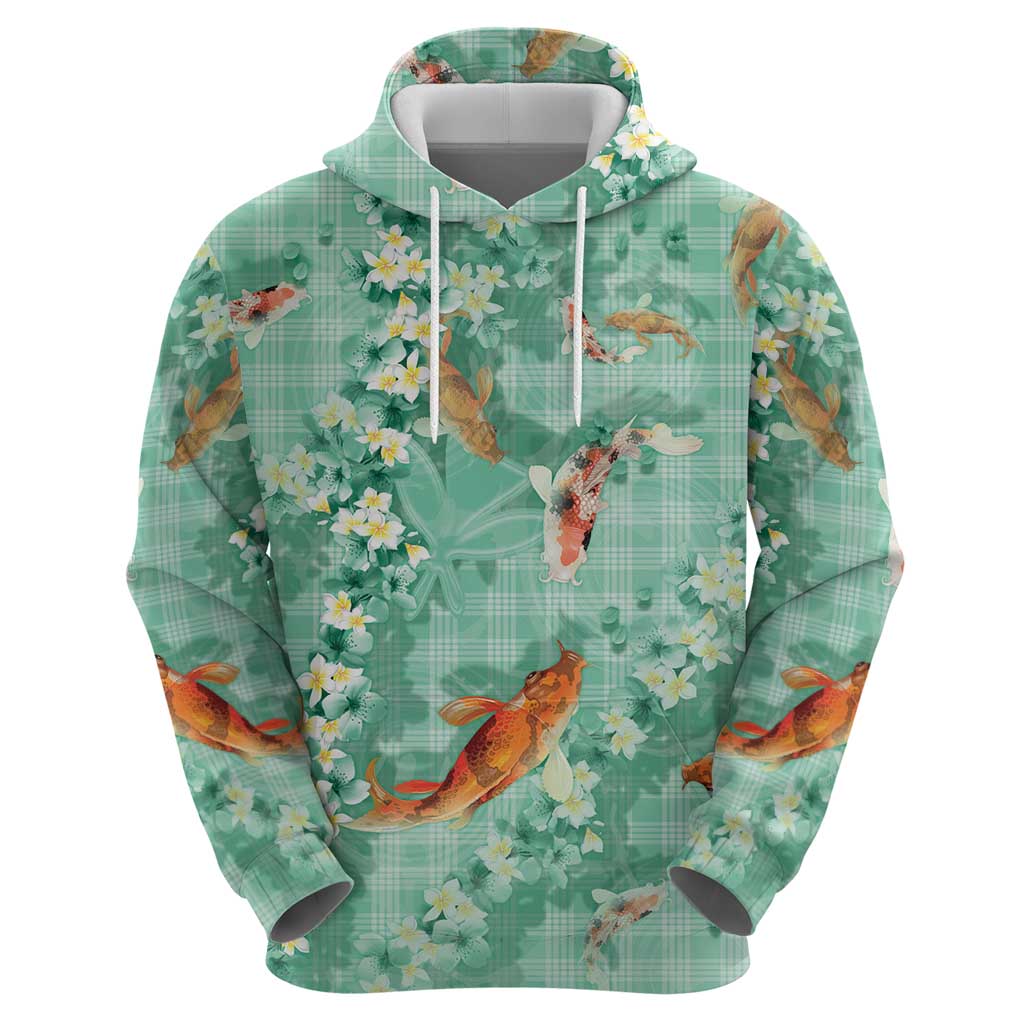Green Palaka Hawaiian And Japanese Zip Hoodie Sakura Lei With Koi Fish DT05 - Polynesian Pride